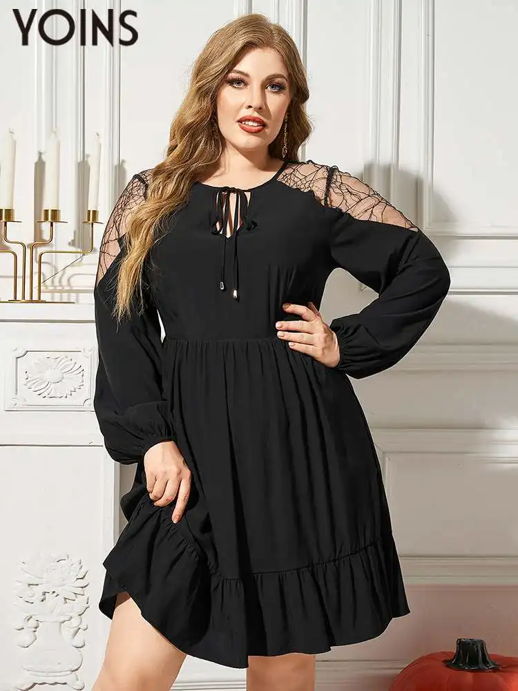 YOINS Plus Size Elegant Dress 2023 Fashion Long Sleele Evening Party Vestidos Casual Lace Up Loose Pleated Holiday Sundress Robe