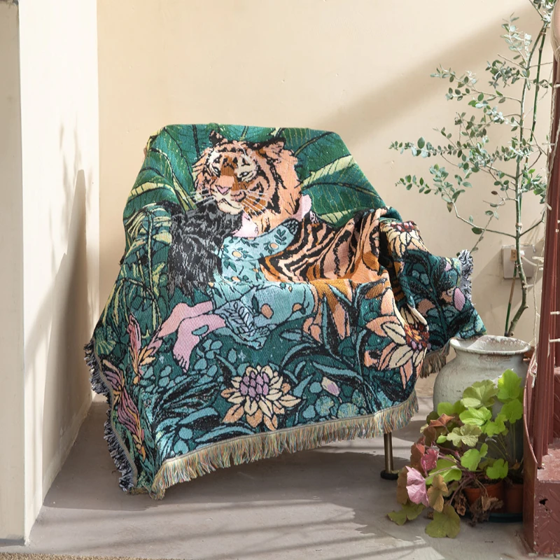 

Tiger and Girl Tassel Thread Blanket American Casual Sofa Throw Carpet Wall Art Tapestry Home Decoration Winter Out Picnic Mat
