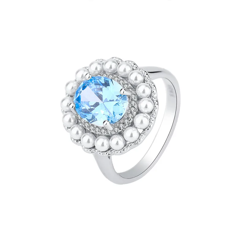 

New fashion trend S925 silver inlaid 5A zircon color treasure ruby sapphire pearl ring main stone