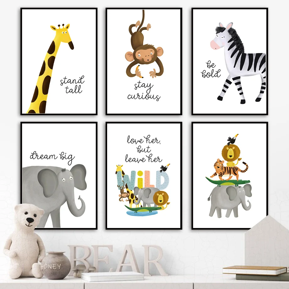 

Wild Animals Wall Art Print Canvas Painting Giraffe Elephant Monkey Zebra Lion Nursery Poster Wall Pictures Baby Kids Room Decor