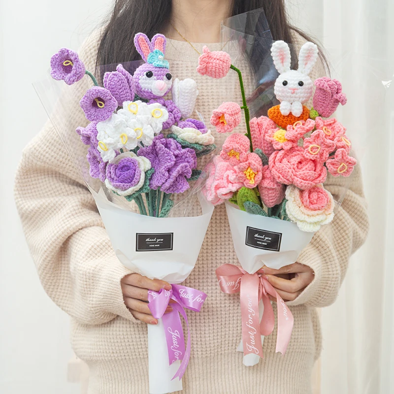 Purple Rabbit doll flower bouquet DIY handmade yarn material hook knitted flower Valentine's Day gift for girlfriend daughter