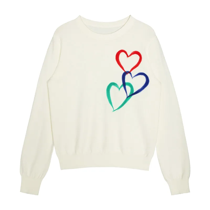 

All-Match Knit Women Sweater Black/White Embroidery Heart Long Sleeve Fall Warm Slim Pullover Harajuku