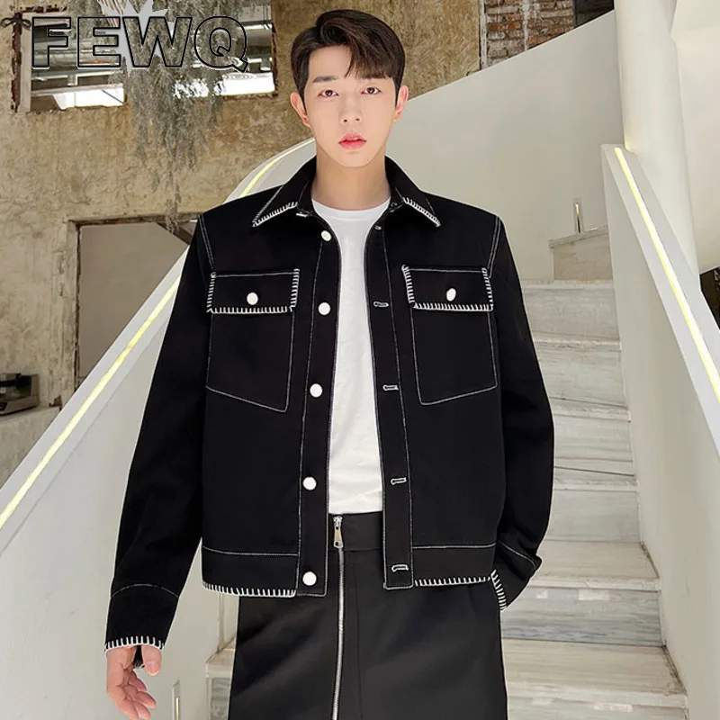 

FEWQ Autumn Quilted Contrast Men Jacket Turn-down Collar Long Sleeve 2023 New Fashion Male Coat Single Breasted Casual 9A4682