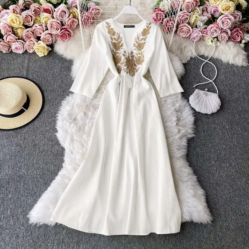 

ZANZEA Women Kaftan Embroidered Maxi Long Dresses 2022 Summer 3/4 Sleeve Tassels Sundress Casual Solid A Line Vestidos Oversized