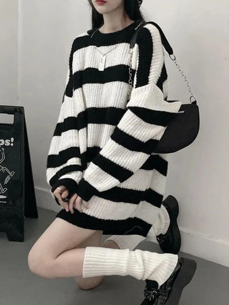

QWEEK Gothic Sweaters Women Harajuku Punk Knitted Stripes Jumper Vintage Plus Size Loose Long Sleeve Pullover Tops Streetwear