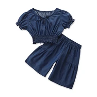summer baby girl set lace up o neck girl denim set fashion new blouse shorts suits for kids casual loose solid color girl set