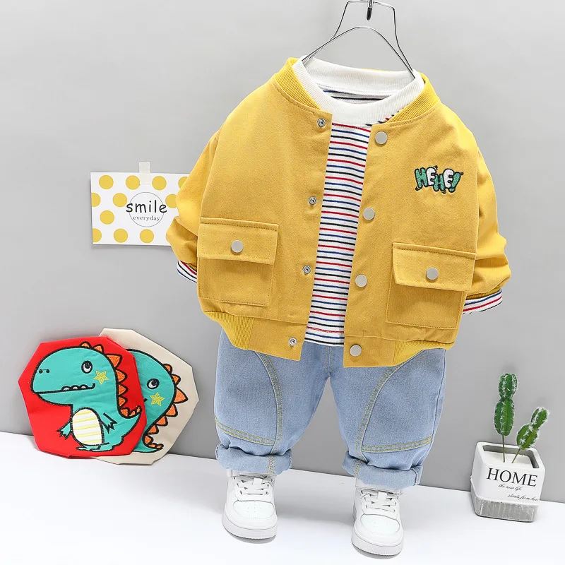 Baby Boys Girls Clothing Sets 2021 Spring Autumn Toddler Cartoon Dinosaur Coats Stripe T Shirt Jeans Children Kids Costume