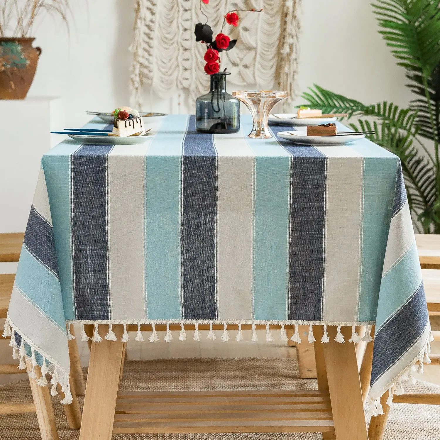 

Plaid Stripe Decorative Cotton Linen Tablecloth with Tassel Kitchen Thick Rectangular Wedding Dining Table Cover Tea Table Cloth