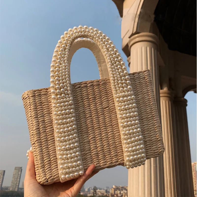 

Fashion Pearls Handle Women Handbags Designer Beaded Straw Bags Luxury Pearl Rattan Tote Wicker Woven Large Summer Beach Purse