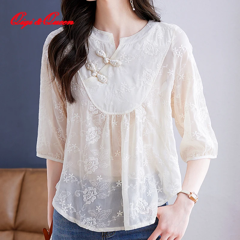 

Qiqi&queen Loose Casual Shirt 2023 Spring Summer Simple Basics Lace Crocheted Office Blusas Vintage Top Elegant Chiffon Shirts