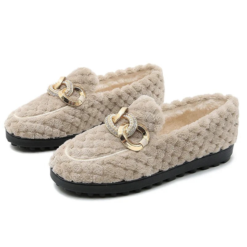 Brand Winter Cotton Fur Flats Women Thicken Soled Wool Loafers Ladies Comfy Lambswool Moccasin Big Size 42/43 Shoes