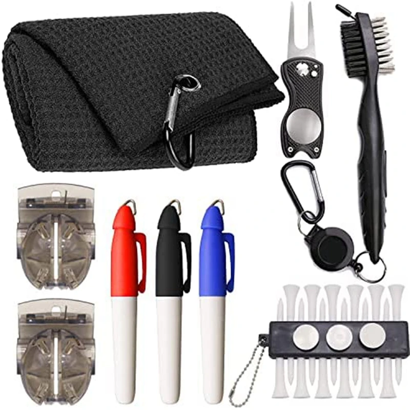 

ELOS-Golf Club Cleaning Kit,Tri-Fold Golf Towel,Golf Club Brush,Golf Divot Tool,Ball Stencil,Putting Markers,Golf Tack Set