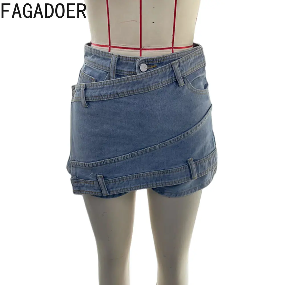 FAGADOER Fashion Streetwear Women High Waisted Irregular Shorts Casual Female Denim Shorts Blue Summer Pocket Clothing Bottoms