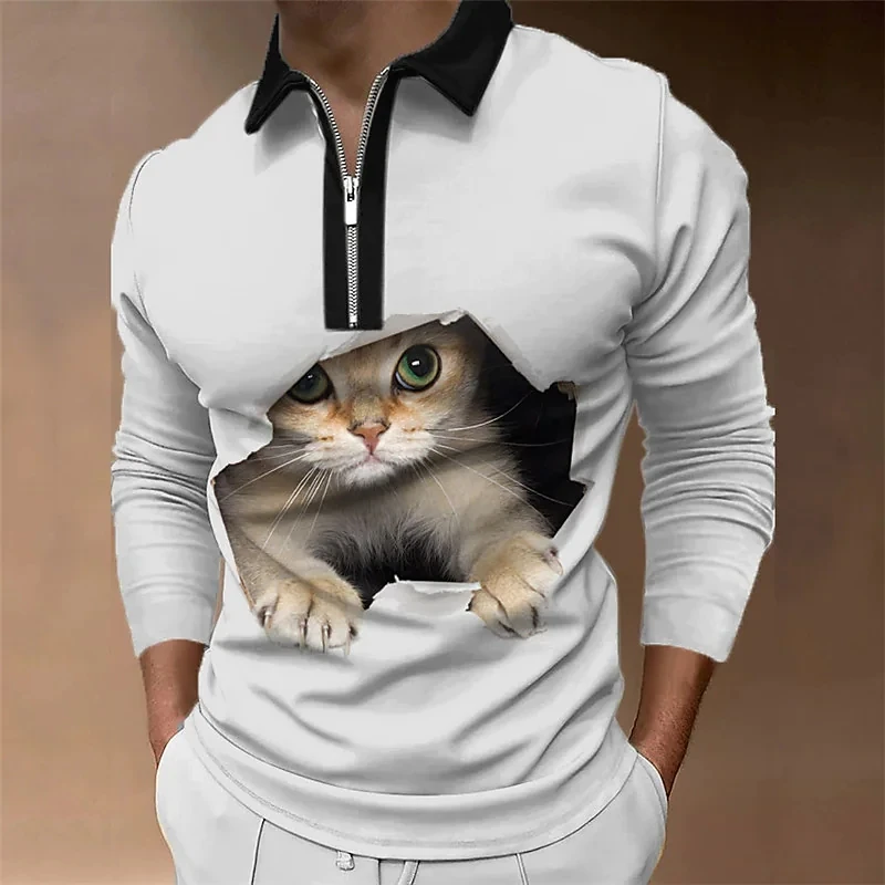 Men's Polo Shirt Golf Shirt Animal Cat Graphic Prints Turndown 3D Print Outdoor Street Long Sleeve Zipper Print Streetwear images - 6