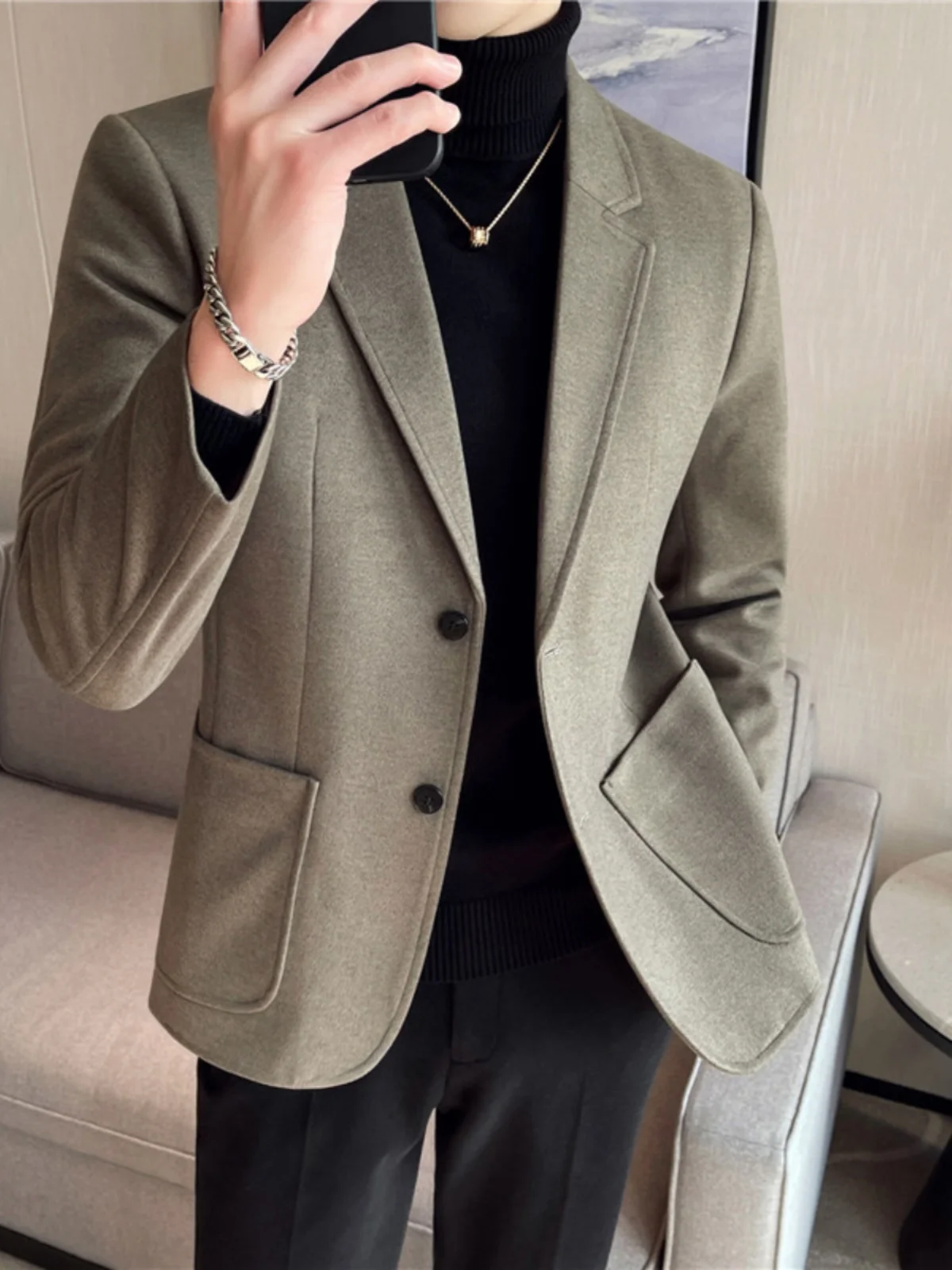 Autumn and Winter Thickened Outerwear Men's Fashion Slim fit Korean Sle Trendy Handsome Woolen Suit Top