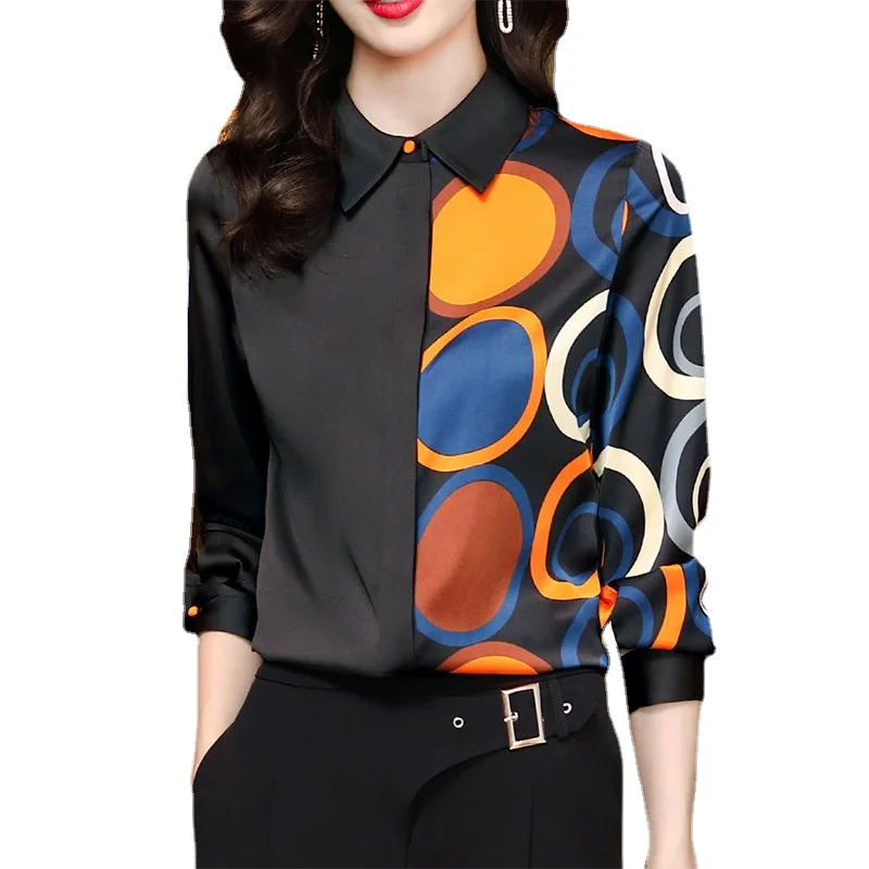 

Блузка Женская атласная в горошек, с отложным воротником