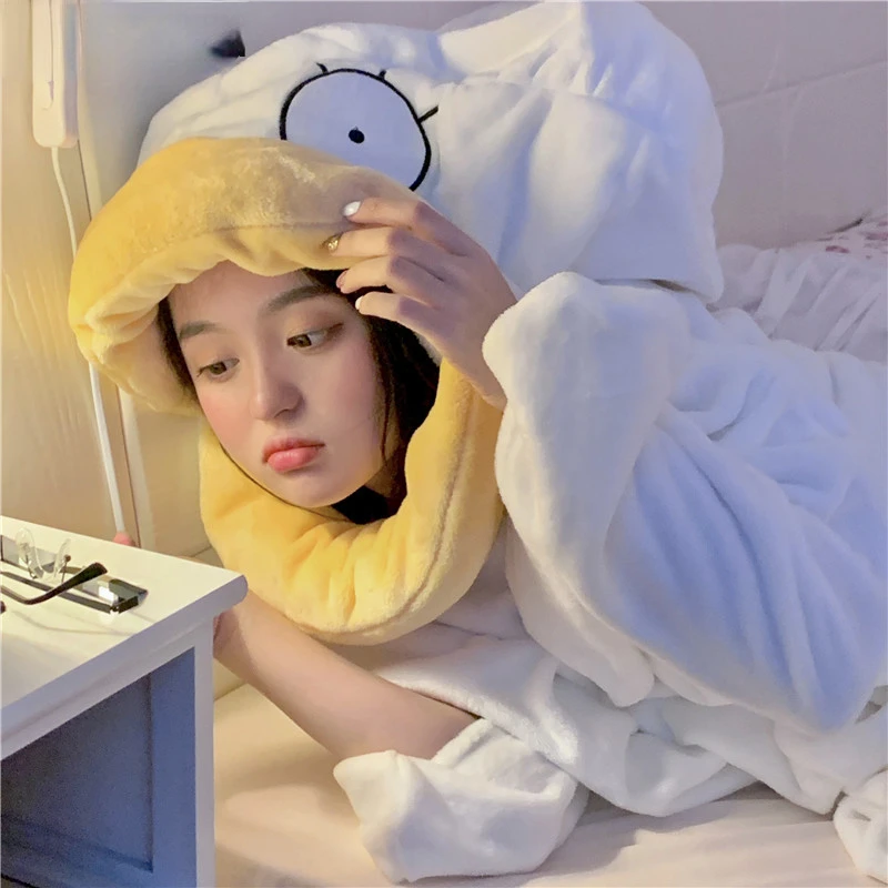 Women's Cute Duck Pajamas With Duck Shoes Autumn Winter Kawaii Home Sleeping Dress Oversize Sweet Fuzzy Homewear 2022
