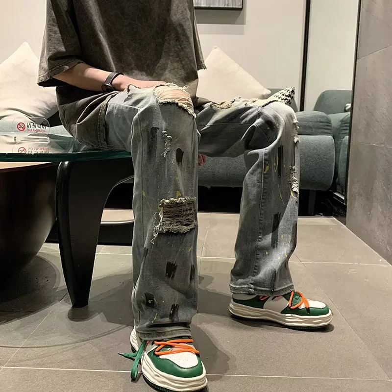 DEEPTOWN Ripped Print Jeans Men Vintage Fashion Hip Hop Denim Pants Loose Straight Hole Trousers Male Streetwear Punk Spring