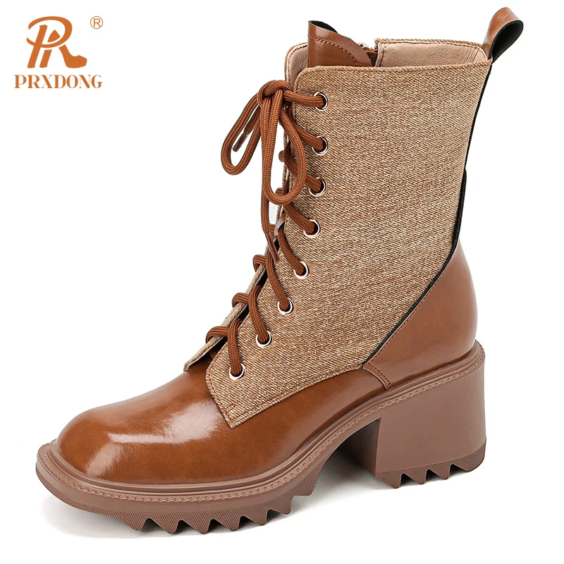 

PRXDONG New Brand Retro Women's Ankle Boots Chunky Heels Platform Shoes Black Brown Autumn WInter Dress Party Riding Boots 34-39