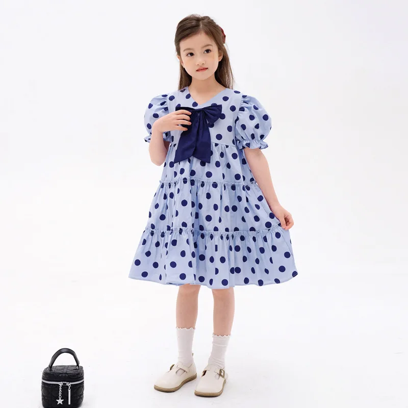 

Summer 2022 New Big Girl Casual Dress Kids Puff Sleeve Teenager Clothes Girls Dot Blue Cute Princess Dresses Fashion