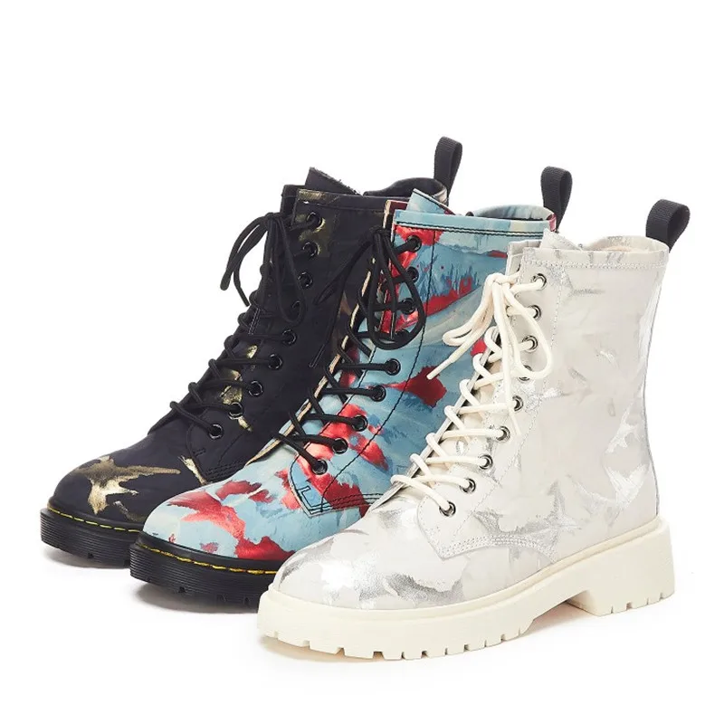 

Fashion Casual Graffiti Women's Ankle Boots Genuine Leather Platform Female Boots Autumn Winter New Laces Handmade Ladies Shoes