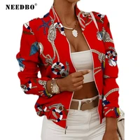needbo womens jacket spring vintage print tops women fashion long sleeve slim thin zipper ladies jackets coat woman veste femme