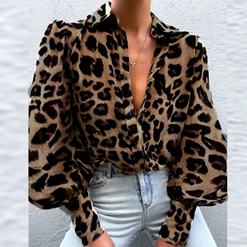 Elegant Women Turn-down Collar Button Blouse Shirts Fashion Retro Leopard Printed Tops Ladies Chic Lantern Sleeve Blusa Autumn