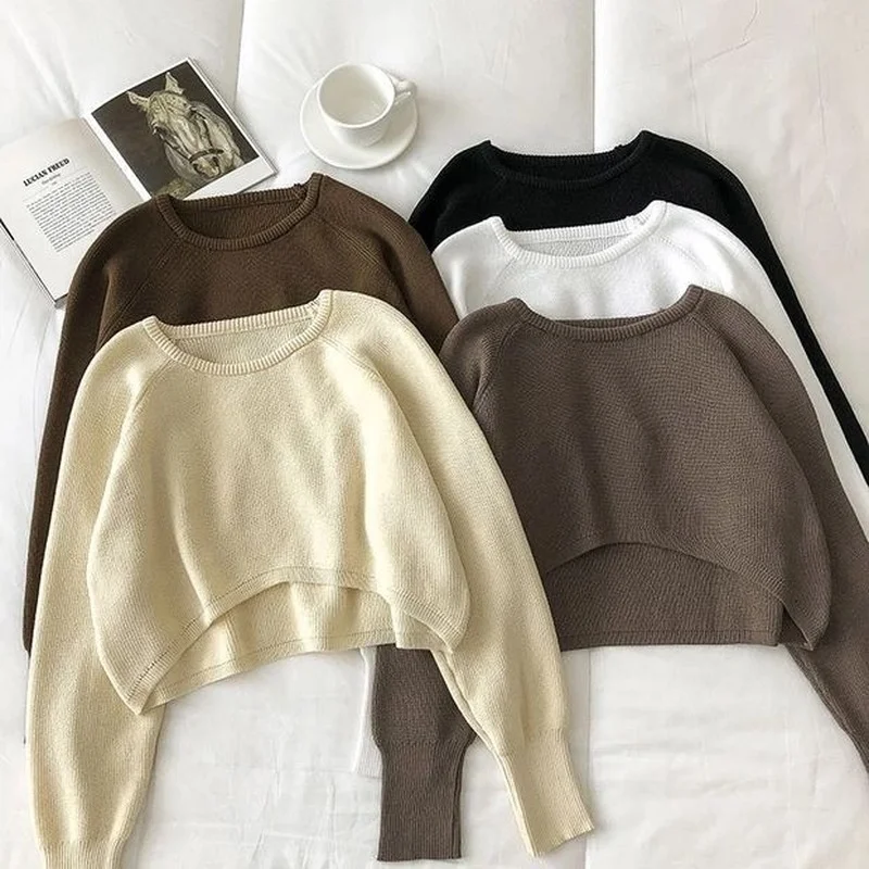 

Spring Fall Irregular Crop Sweater Women Tops Solid Loose Knit Elastic Long Sleeve Pullover Y2k Clothes Blusa De Frio Feminina