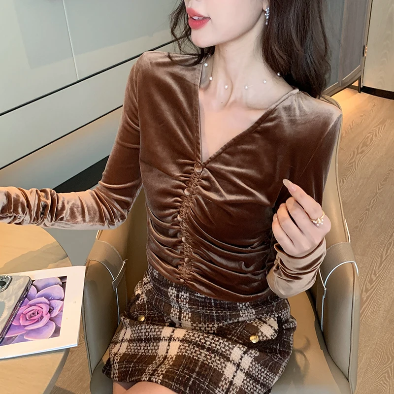 Новая модная осенне-зимняя милая женская блузка с длинным рукавом и v-образным