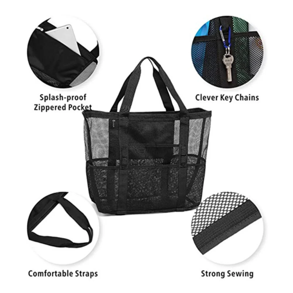 Mesh Nylon Shoulder Beach Bags Women Large Capacity Durable Waterproof Toiletries Tote Bags Ladies Multi-Pocket Picnic Handbag