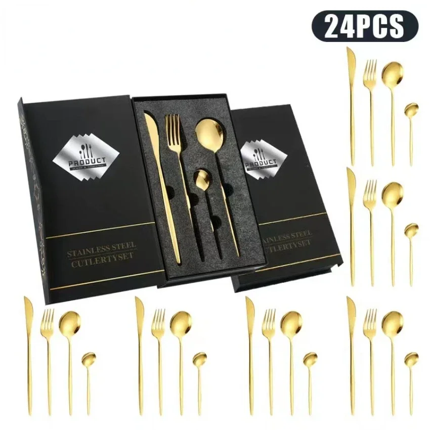 

Knife, Fork, Spoon Double 11 hot stainless steel tableware set 24-piece gift box with gold spoon Western steak set