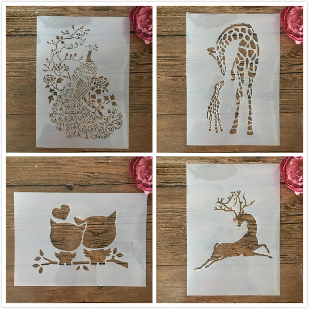 

4Pcs A4 29cm Giraffe Peacock Cats Deer DIY Layering Stencils Painting Scrapbook Coloring Embossing Album Decorative Template