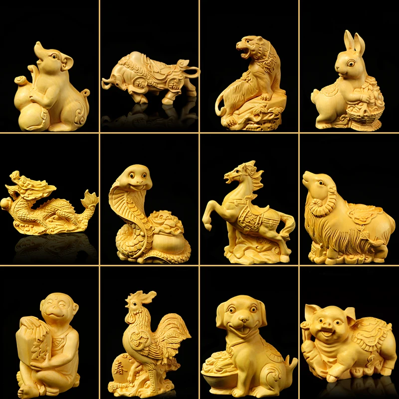 

XS696- 12 Zodiac Animals Boxwood Sculpture Feng Shui Wood Carving Rat OX Tiger Rabbit Dragon Snake Netsuke Collection Ornaments