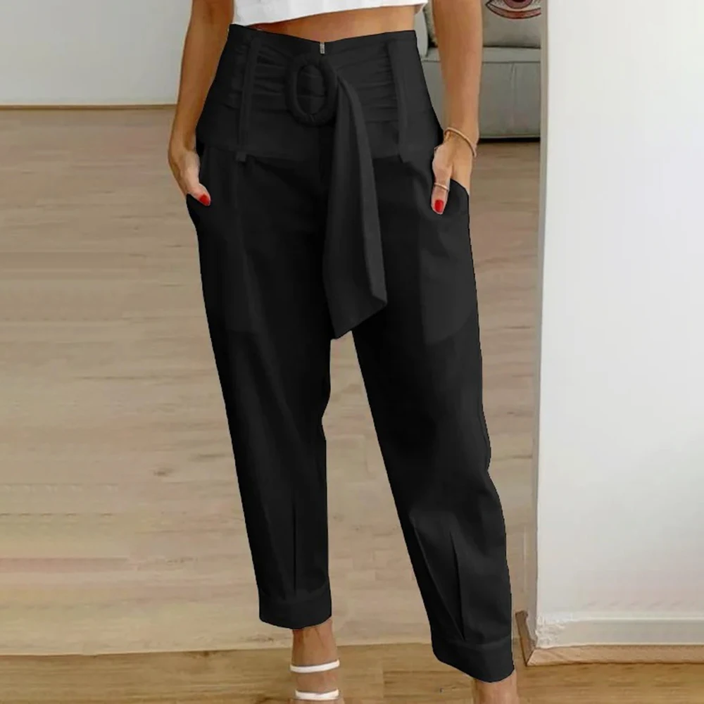 Women Fashion High Waist Lace-up Pencil Pants Casual Pockets Solid Straights Long Trousers Elegant Zipper Loose Sports Trousers