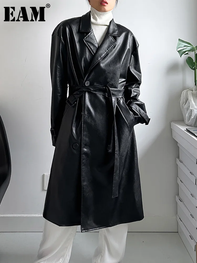 

[EAM] Women Black Big Size PU Leather Trench New Lapel Long Sleeve Loose Fit Windbreaker Fashion Tide Spring Autumn 2023 1DH2447