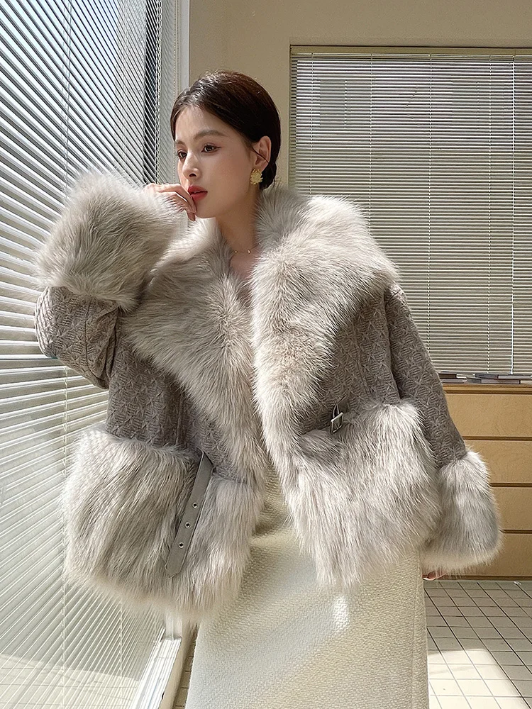 Women Real Fur Coat Autumn Winter Chic Big Fox Fur Collar Patchwork Wool Knitting Fur Jacket Loose Goose Down Filling Outerwear