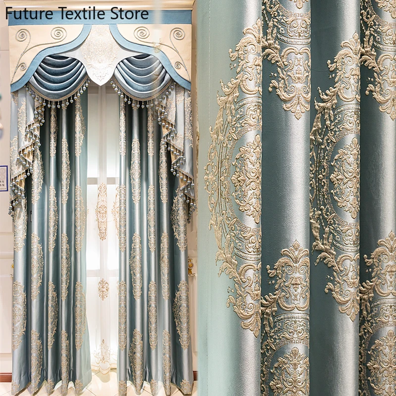 

European-style Palace High-end Embossed Embroidered Blackout Curtains for Living Room Bedroom Finished Custom Valance
