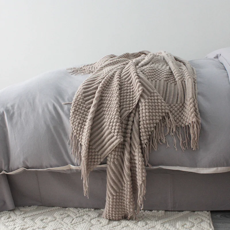 

Nordic Knitted Blanket Travel Blanket Grey Khaki Sofa Throw Blanket with Tassels Air Condition Blankets 127x170cm/127x220cm