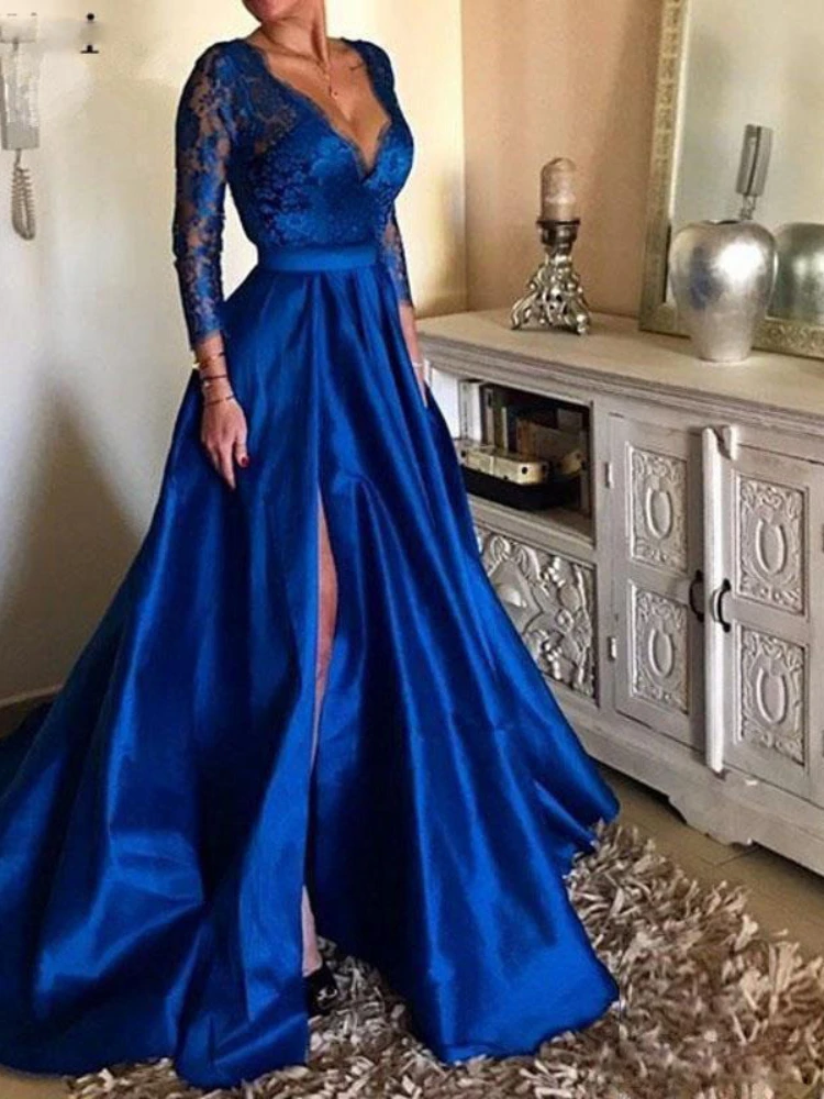 

Sexy Evening Gown Lace solid StraplessSlit Patchwork Wrist Floor Lengh Sheach Expansion Skirt Classy Women Dress Party Birthday