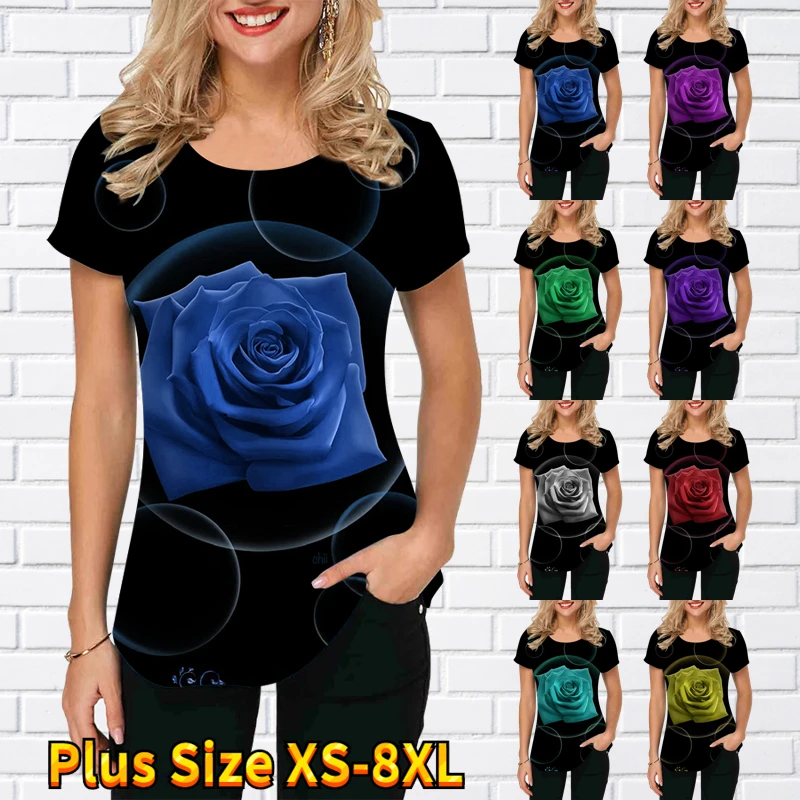 

Rose Flower Print New Women's Short Sleeve 2022 Round Neck T-Shirt Casual Summer Top Breathable Women's T-Shirt XS-8XL
