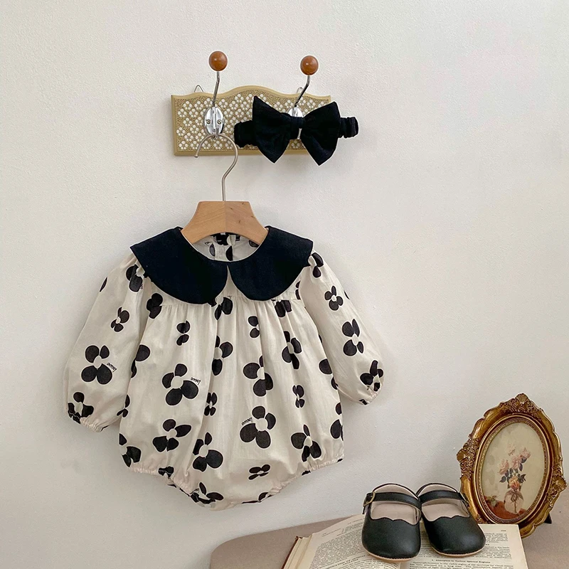 2023 Newborns Spring Romper Baby Girl Clothes Printed Doll Lapel Princess Dress Bodysuits Jumpsuits 0 To 12 Months Free Shipping