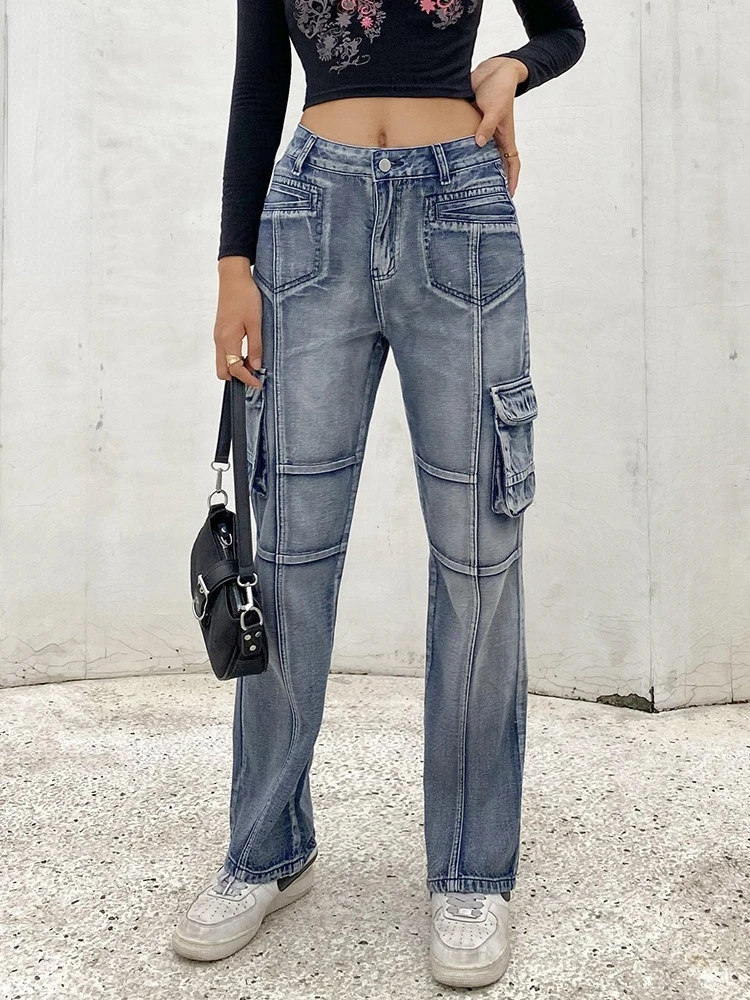 

Y2K Cargo Jeans Women Straight Denim Pants Low Rise Vintage Streetwear Casual Korean Fashion Aesthetic Grunge Trousers