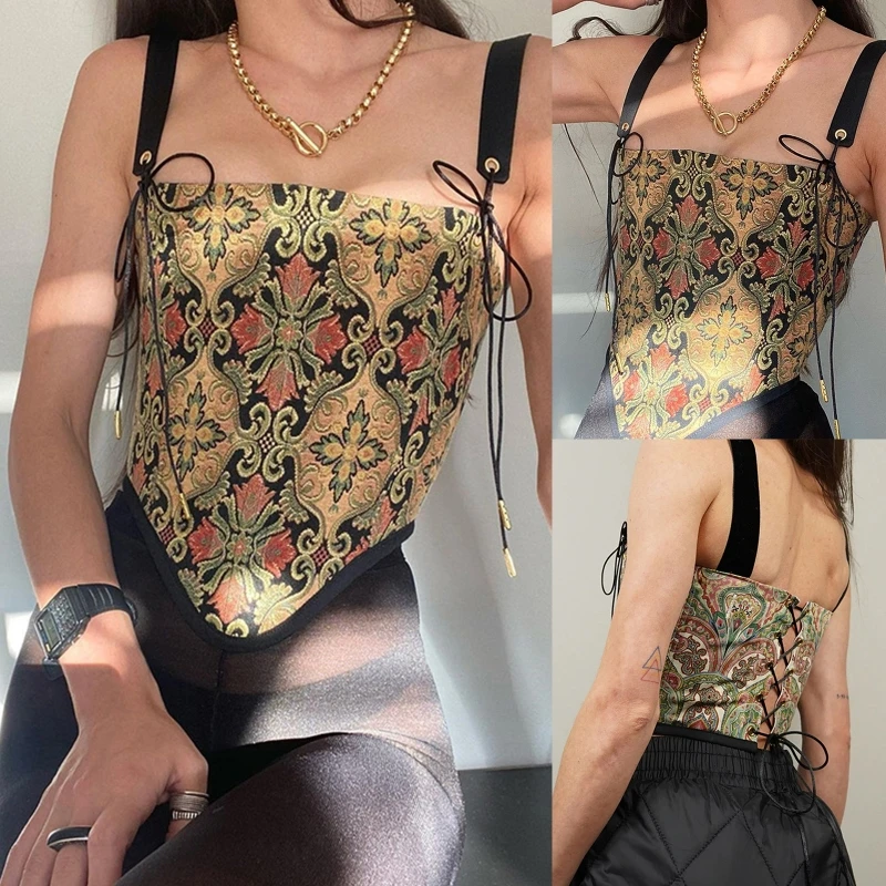 

Floral Bustier Crop Top Print Camisole Tops Waist Cincher Corset With Straps Corset Tops Lace Up Tank Tops