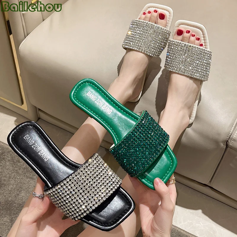 

Female Shoes Ladies Rubber Slippers Women Flip Flops Summer New 2022 Outside Indoor Square Toe Rhinestones Slides Green Flats