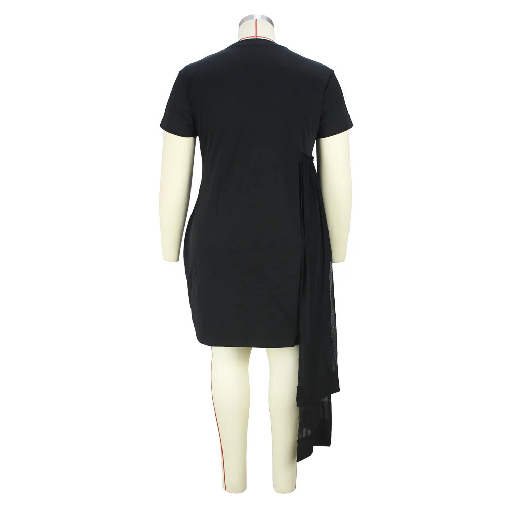 Plus Size Women's Dress 2023 New Large Women's Summer Short Sleeve Korean Fitting Mesh Stitching Irregular Perspective Dress
