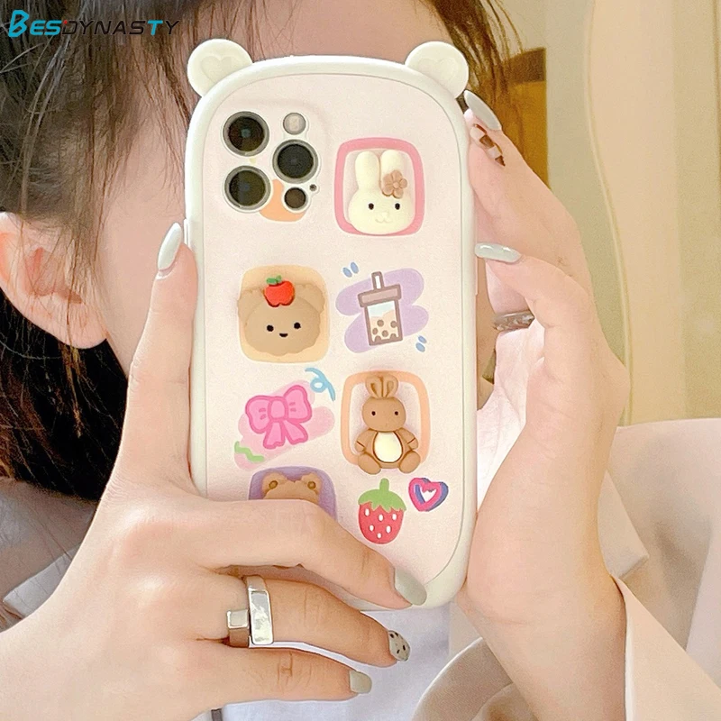 

Чехол для телефона BESD в стиле ретро с изображением вишневого медведя улыбки кролика молока чая 3D для iPhone 13 11 12 Pro Max 14 Plus XR XS Max X 7 8 Plus милый чехол