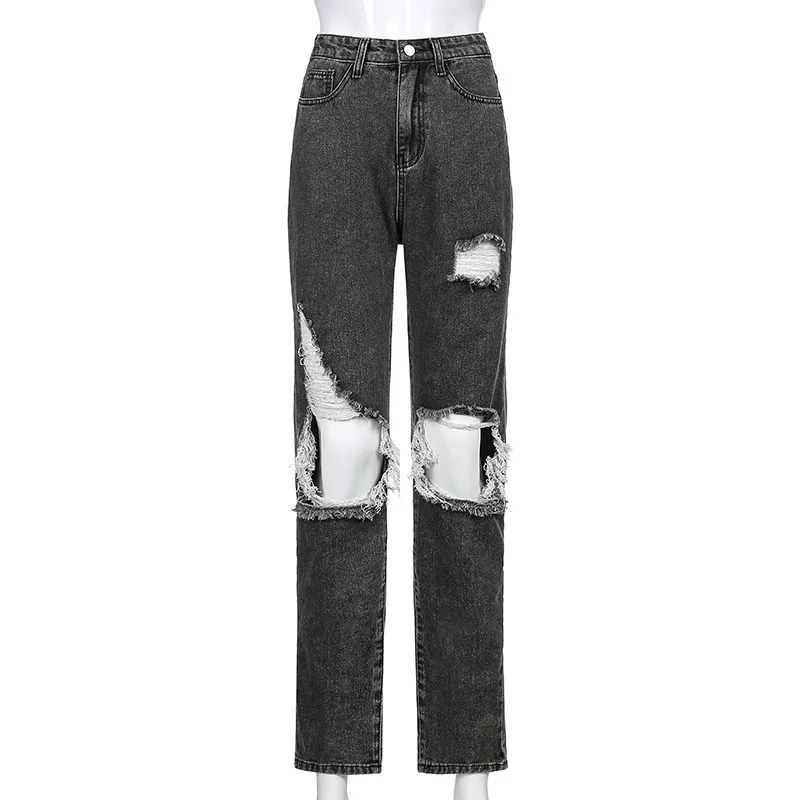 Vintage Hole Girls Patchwork Straight Streetwear 90s Trousers 2021 Y2k High Street Jeans Baggy Indie Aesthetic Mon Denim Pants