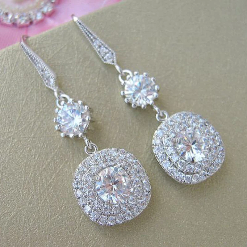 

Fashion Elegant Women's Dangle Earrings Silver Color Ear Accessories for Engagement Wedding Brilliant CZ Luxury Jewelry
