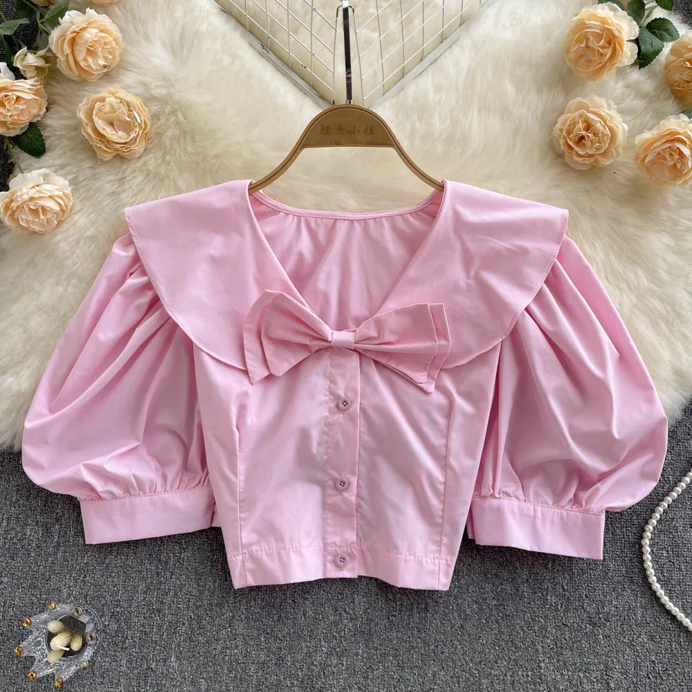 

Korean Chic Elegant Peter Pan Collar Women Blouses Vintage Elegant Summer Bow Female Shirts Japanese Sweet Puff Sleeve Blusas