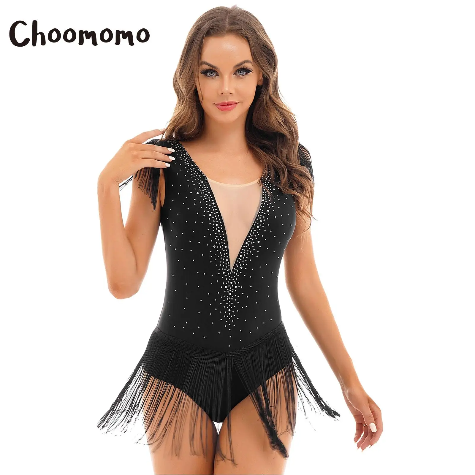 

Choomomo Womens Fashion Figure Skating Dance Dress Shiny Rhinestone Tassel Skirted Leotard Criss Cross Back Sleeveless Bodysuit
